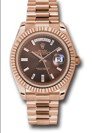 Replica Rolex Everose Gold Day-Date 40 Watch 228235 Fluted Bezel Chocolate Baguette Diamond Dial President Bracelet